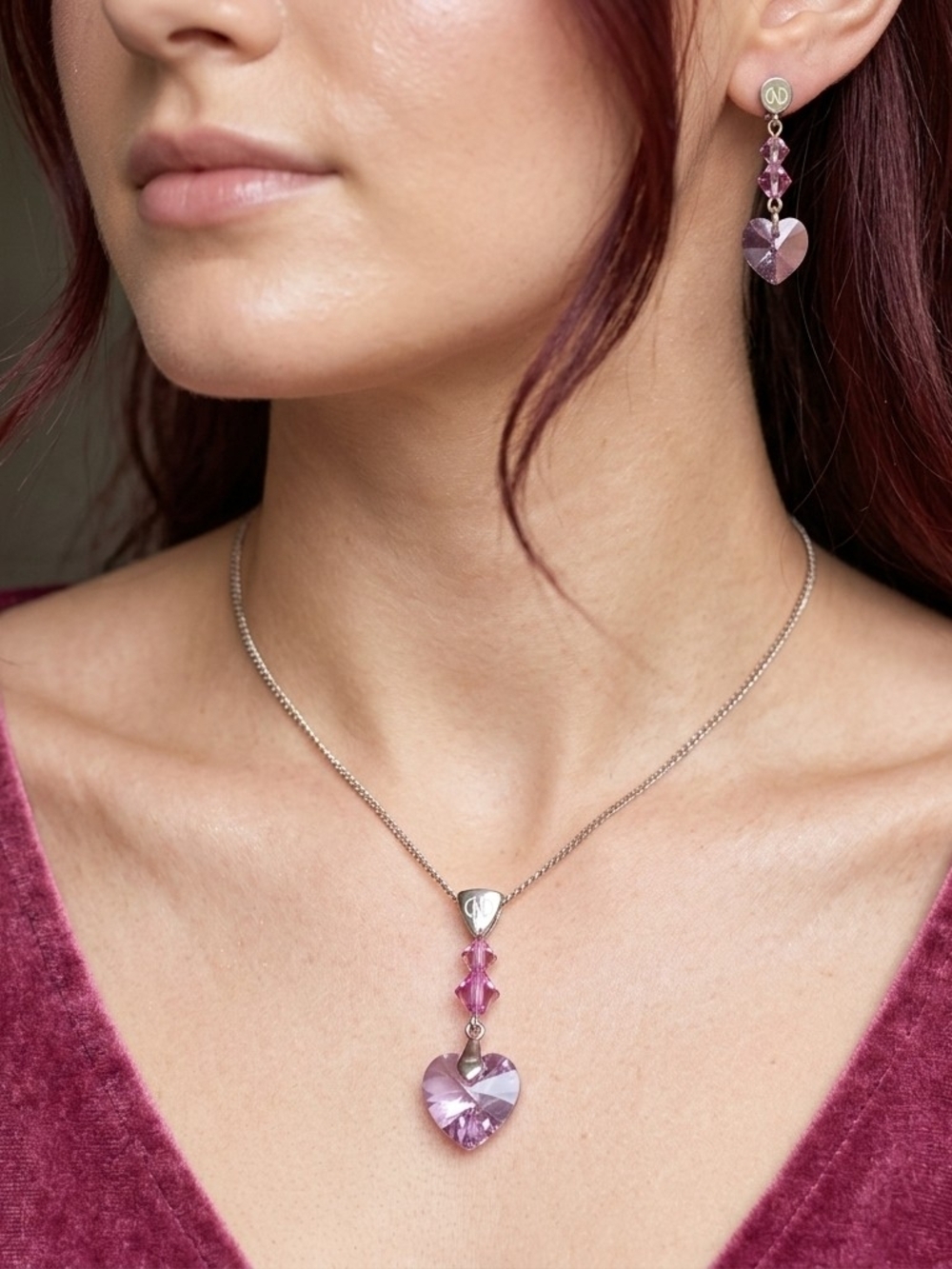 Source Unknown Silver Necklace and Earrings with Purple Heart Crystals